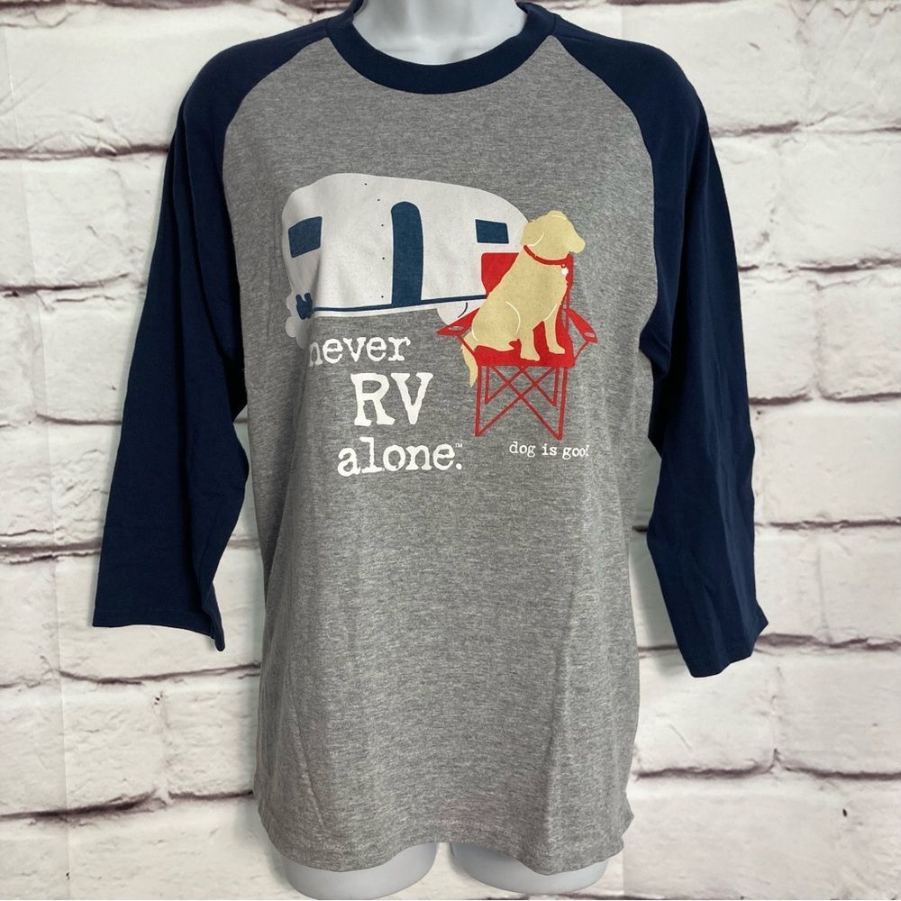 Dog Is Good Raglan T-Shirt Small Never RV Alone Golden Retriever Gray